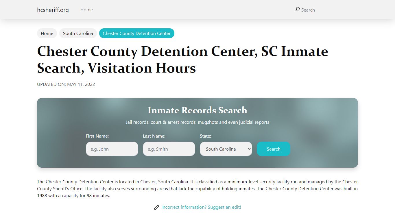 Chester County Detention Center, SC Inmate Search ...
